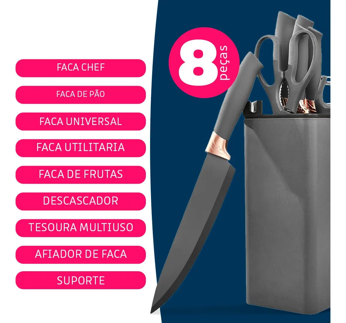 Jogo Facas Profissionais 8 Peças Antiaderentes C/suporte - Dolce Home