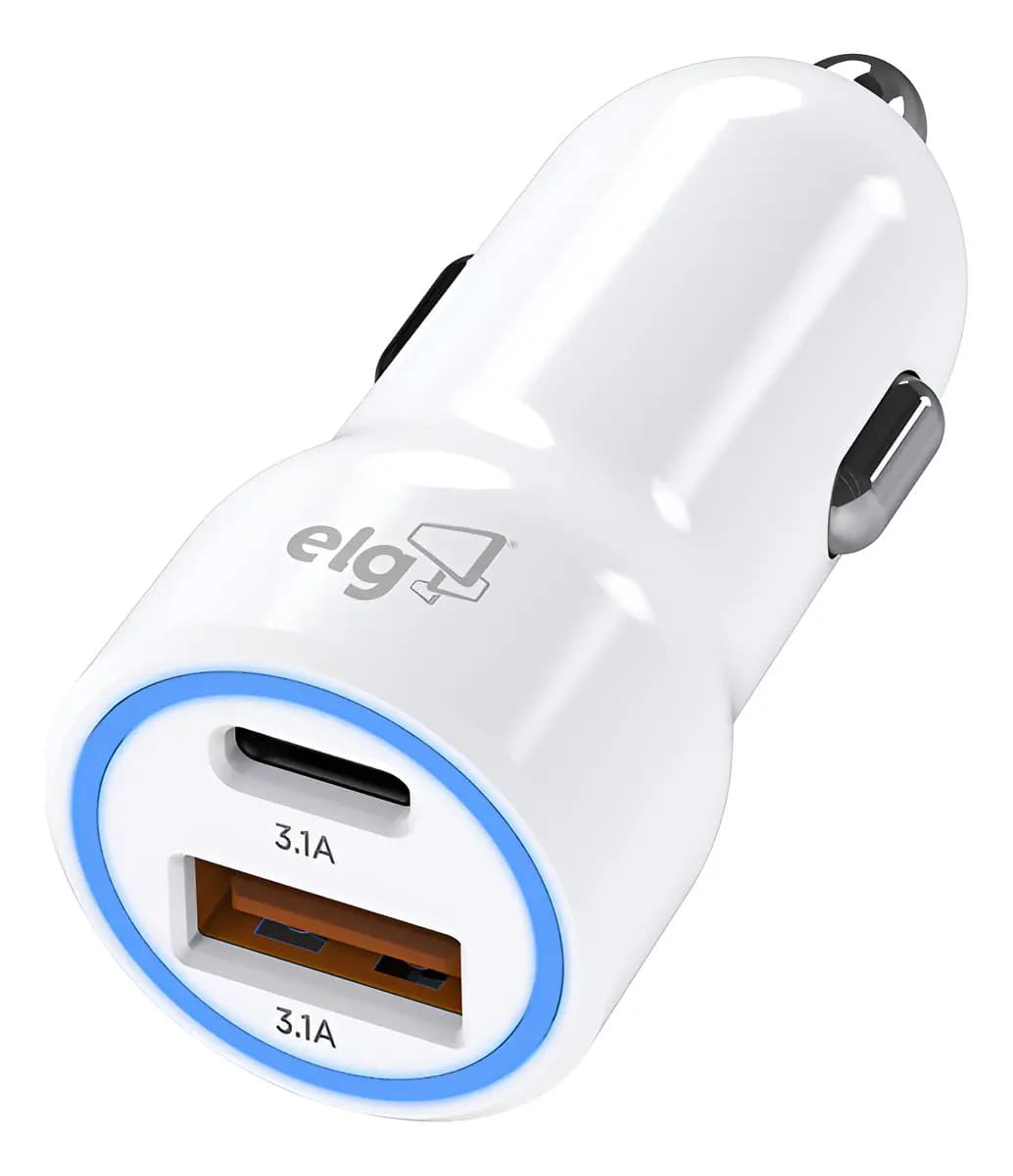 Carregador Veicular Universal, USB-C 3.1A + USB-A 3.1A, 12V-24V, Carga Rápida, Branco, CC2STC, ELG