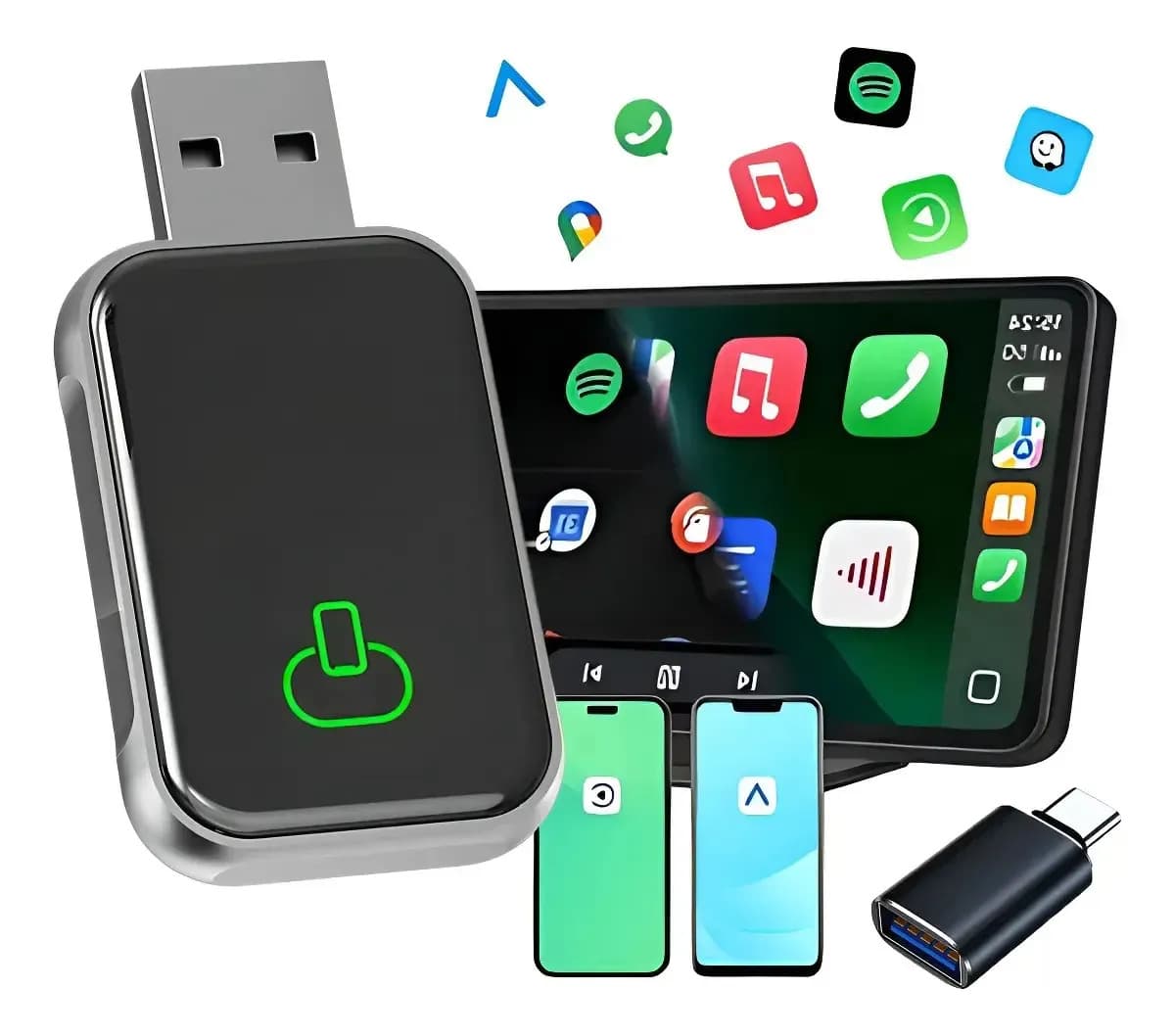 Transmissor FM sem fio para veículo Carplay UsB-A Adaptador Carplay Sem Fio 2 em 1 para Android Auto e Apple Carplay | Plug & Play