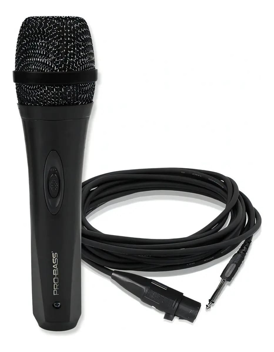 Microfone Dinâmico Cardioide Pro Bass De Mão Com Fio Preto 3m