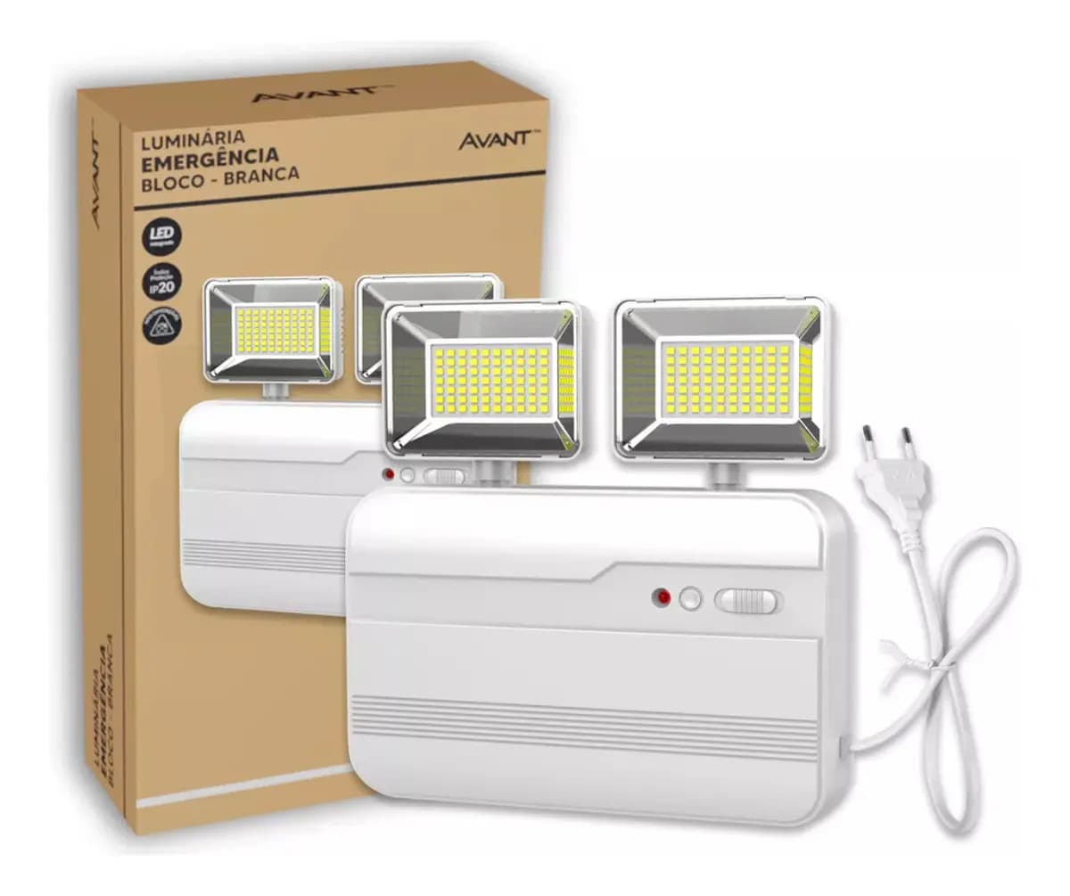 Luminária Luz Emergência Led 12w Bloco Evo 2 Faróis Recarregável 1200lm 6000k Branco cód: 354071422 Avant Pro