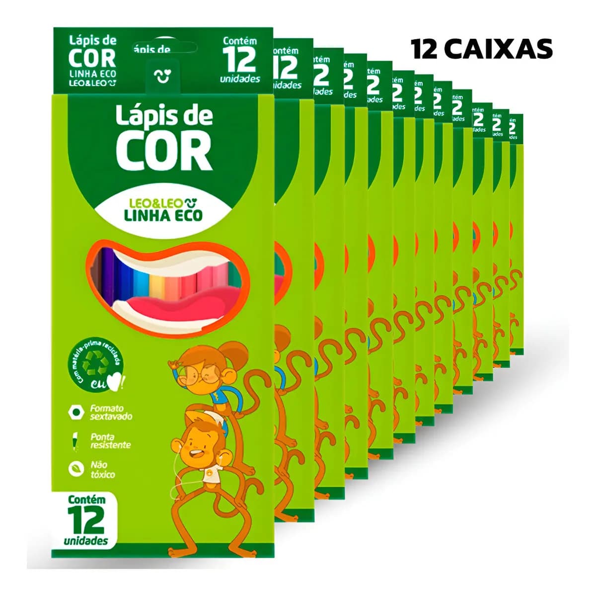 Kit 12 Caixas Lápis De Cor 12 Cores Grande Escolar Atacado