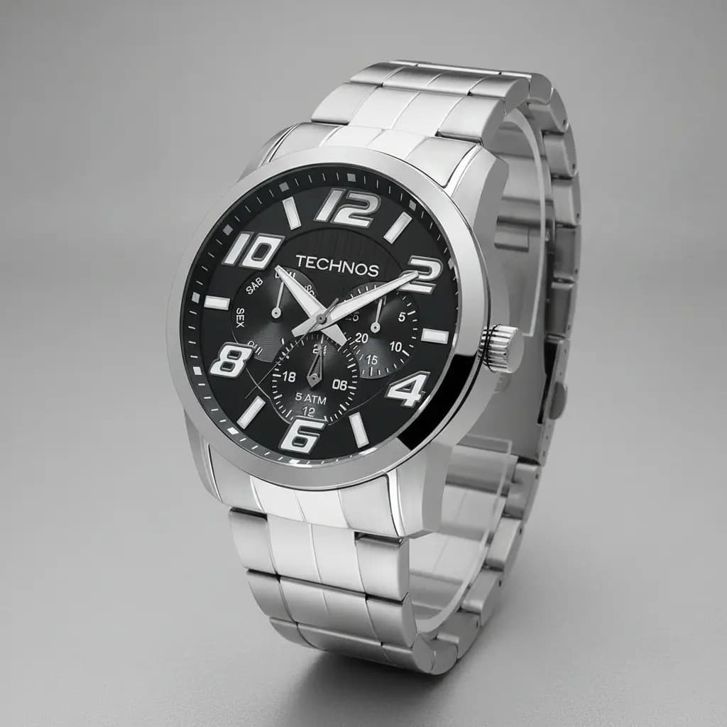 Relógio Masculino Technos Prateado Pulseira Aço Inoxidável Correia Prateada Fundo Preto