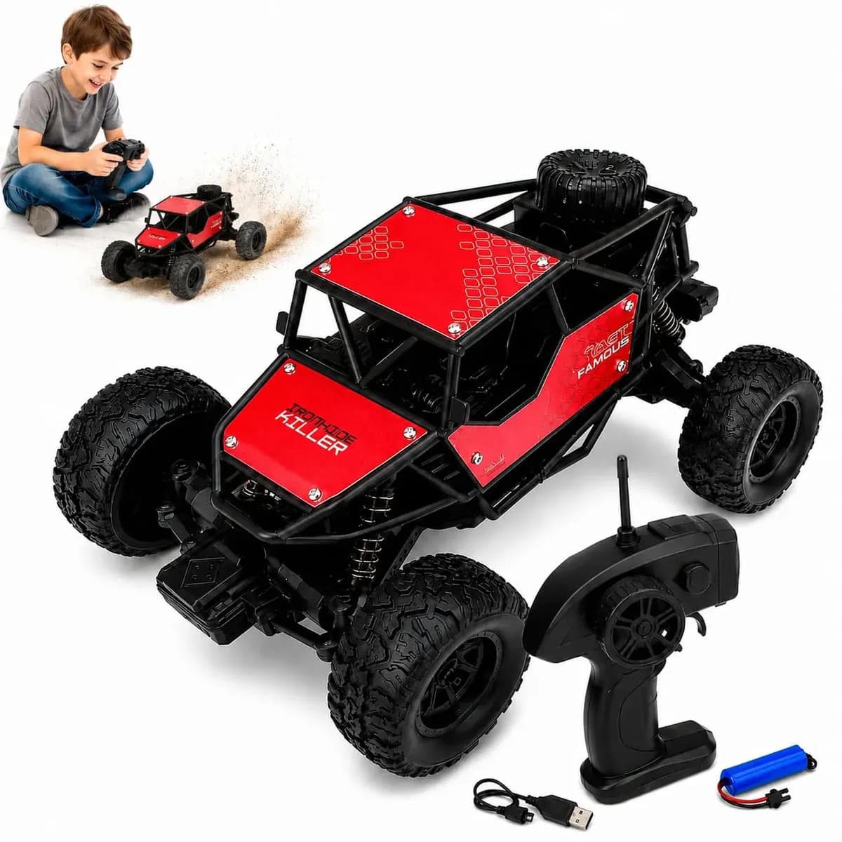 Carrinho Controle Remoto Brinquedo Off Road Bateria Recarregável Bigfoot Vermelho Amorelância