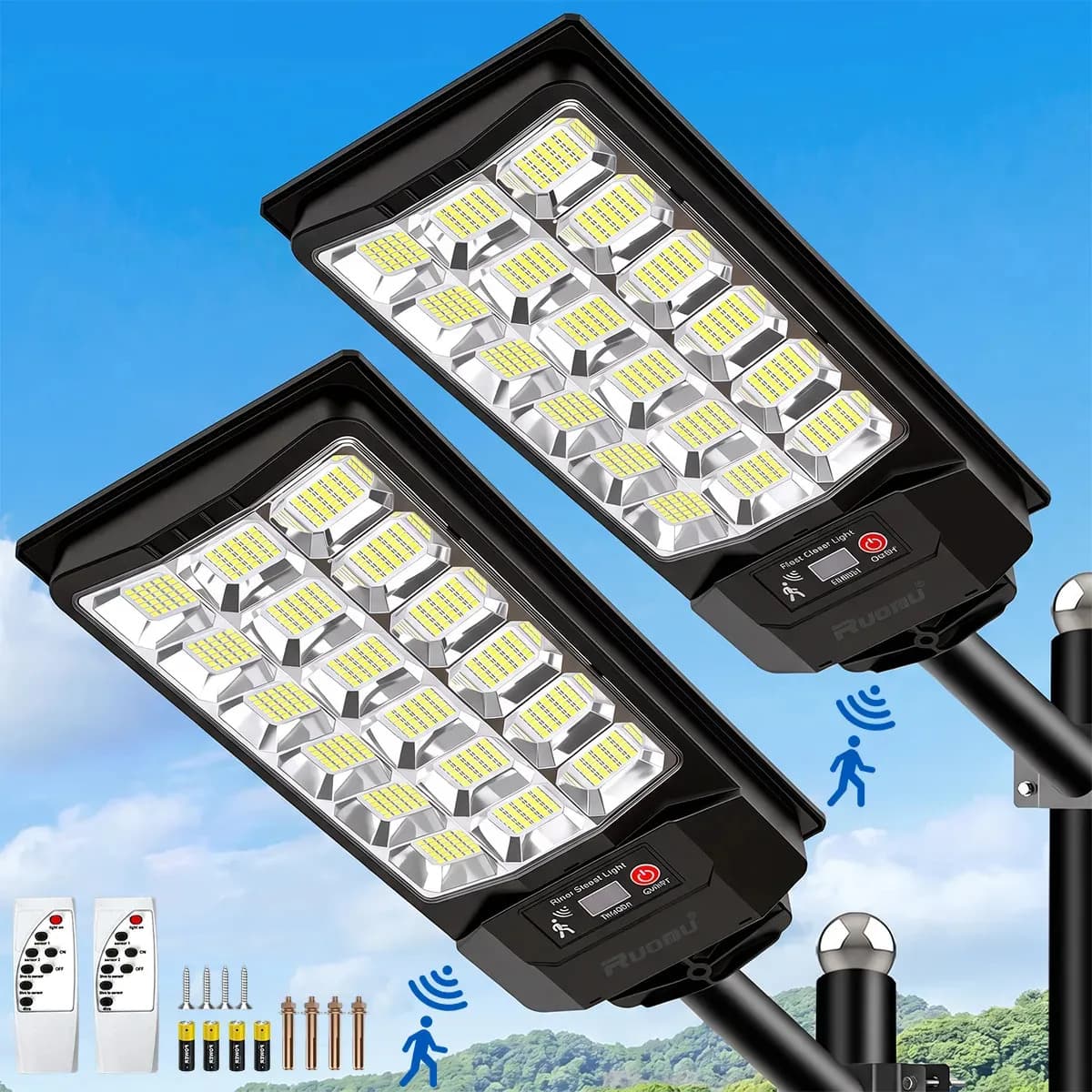 Kit 2 Luminaria Poste Solar Com Sensor Refletor Led 1100w