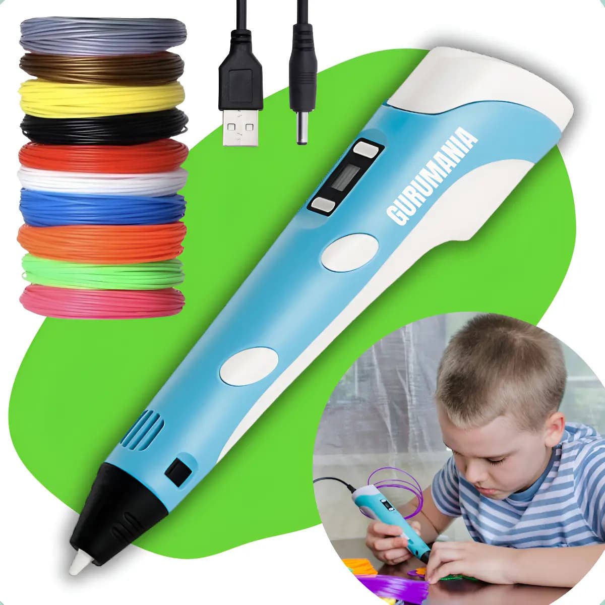 Caneta 3d Impressora Profissional + Refil Filamento + Cabo Usb Caneta 3d Infantil Desenho Portátil 3d Pen Azul Gurumania