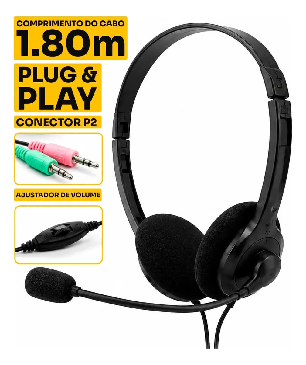 Fone de Ouvido Para Escritorio telemarketing office trabalho estudo Reuniao Headset Standart 3.5mm - Good Vision - Preto