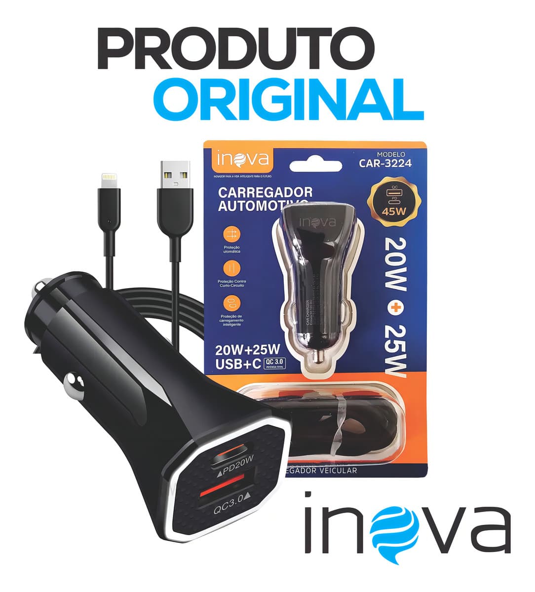Carregador Veicular Turbo Carro Usb Qc 3.0 + Cabo Tipo C Cor Preto