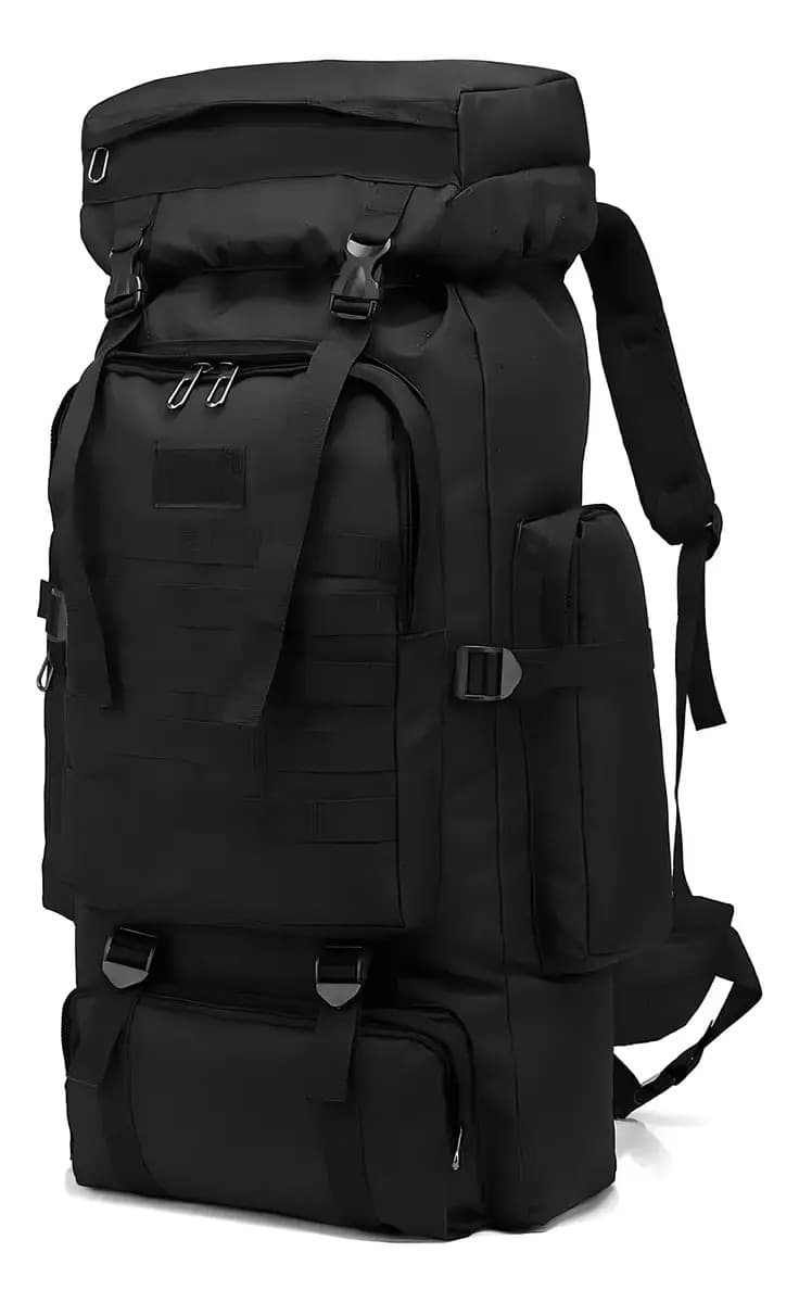 Mochila Cargueira Tática Grande Masculina Feminina Forte Resistente Reforçada Assault Impermeável Camuflada Militar Trilha Acampamento Camping Trekking Aventura Viagem Mala Saco Pesca 80 L Cor Preto