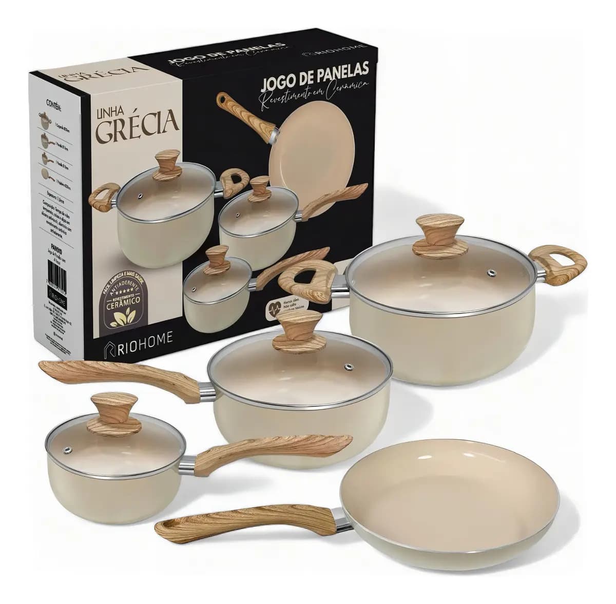 Jogo/conjunto/kit De Panelas Cerâmica Com 4 Pcs Antiaderente Cor Bege