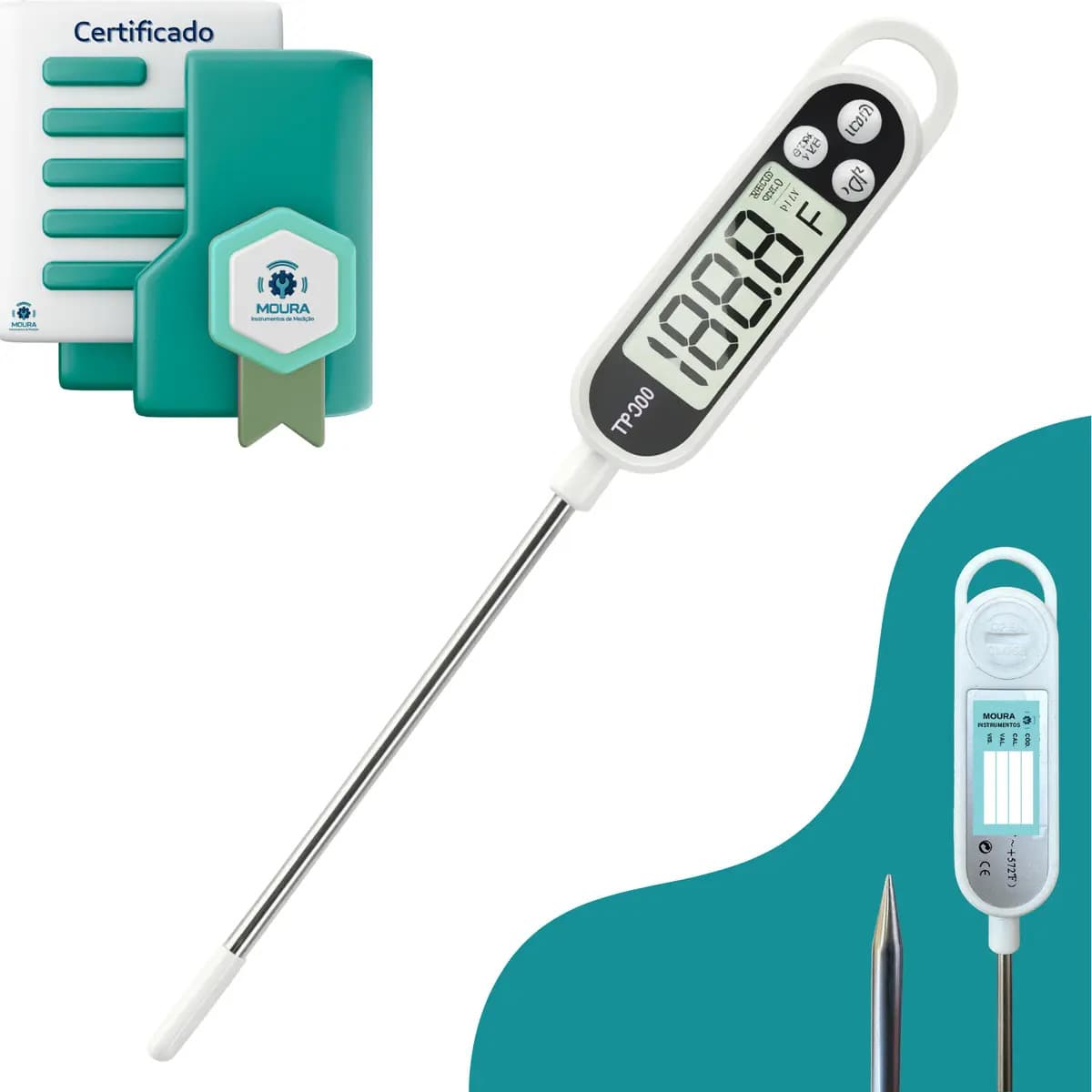 Termômetro Culinário Digital Espeto Com Certificado De Calibração - Moura Instrumentos - Tp300 Branco