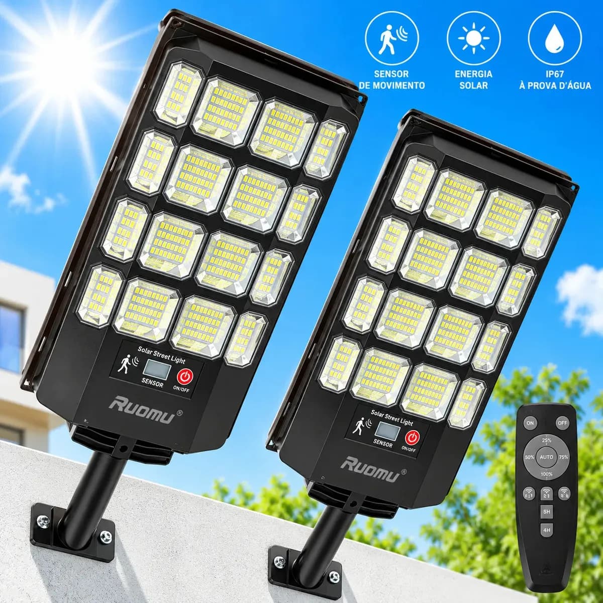 Kit 2 Luminaria Poste Solar Externa 1100w Ip67 Potente Com Sensor