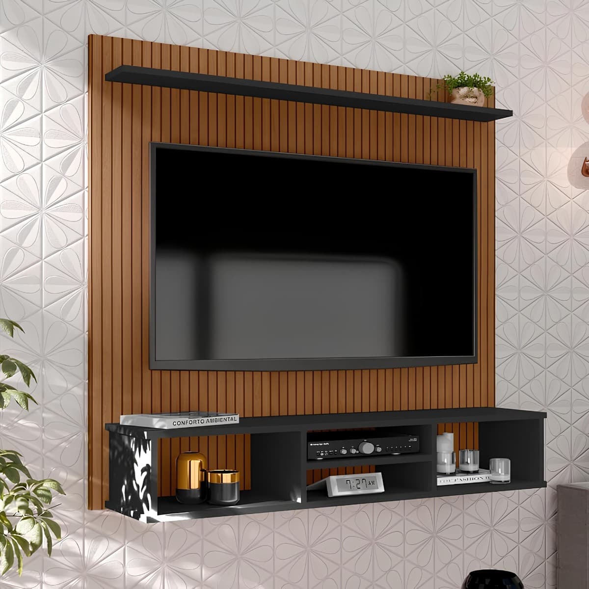 Painel Ripado Para Tv Até 50 Polegadas Com Nicho Prateleira Cor Ripado/preto