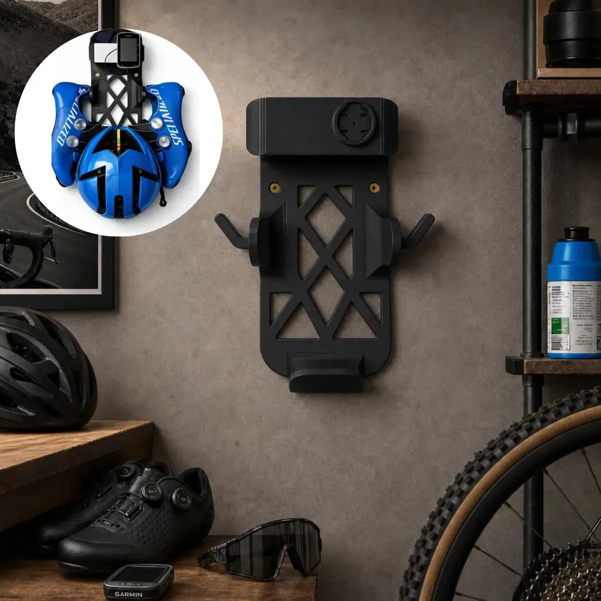 Suporte Parede Bike Preto Capacete Sapatilha Óculos Garmin Rack Organizador