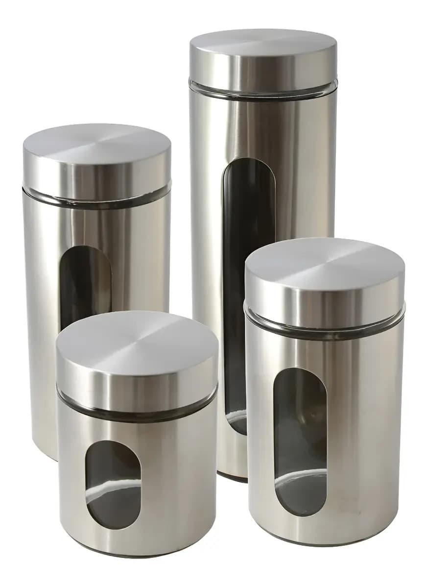Jogo 4 Potes Vidro Inox Hermético Tampa Rosca Asia Golden Inox Cromado Visor Vidro