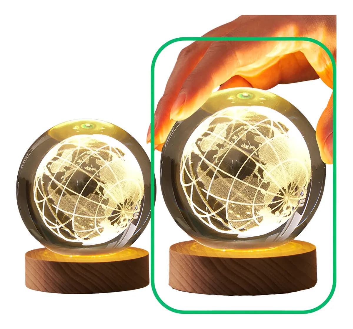Luminária Bola De Cristal Grande Abajur Mesa Quarto Led 3d Cúpula Globo Terrestre Estrutura Madeira Pinus