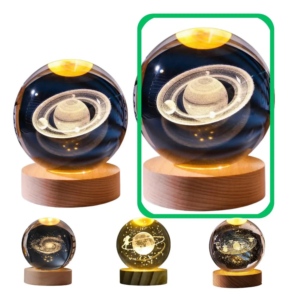 Luminária Bola De Cristal Grande Abajur Mesa Quarto Led 3d Cúpula Saturno Estrutura Madeira Pinus